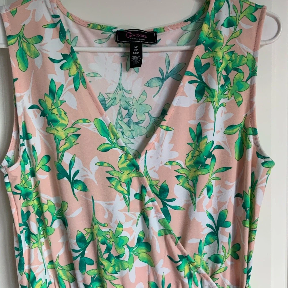 C. Wonder by Christian Siriano Pink with Bold Green Leaf Print Jumpsuit - Picture 2 of 7